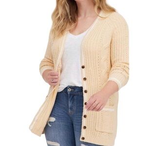 Torrid Cable Knit Cardigan Sweater Beige Sz 00 M/L Long Sleeve V Neck Academia